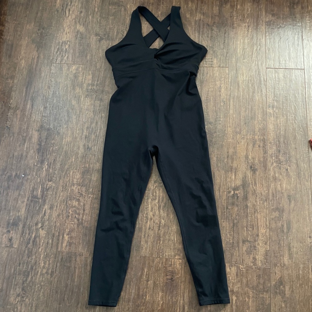 Fabletics PureLuxe Jumpsuit Womens Large Black Twist Front Cross Back Yoga